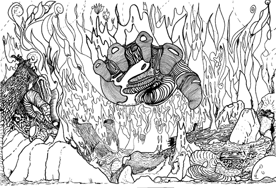 Dibujo a tinta de un fuego y una mano entrando a él.