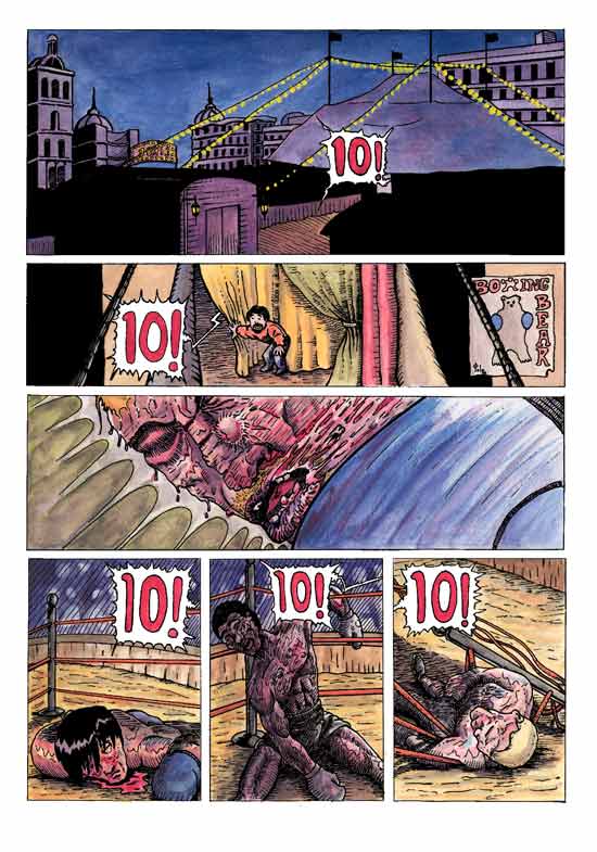 Viñetas que relatan la rutina de un oso boxeador de circo.