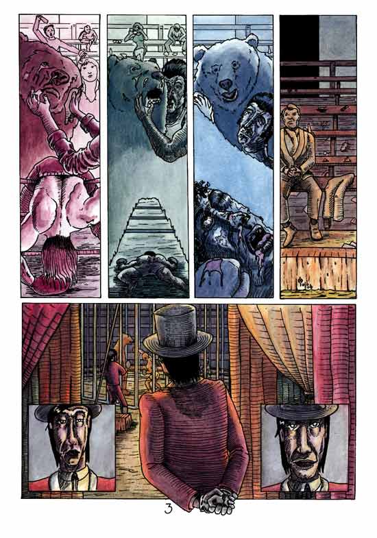 Viñetas que relatan la rutina de un oso boxeador de circo.