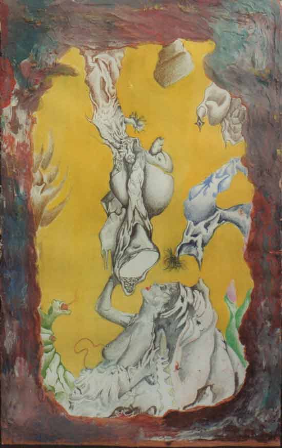 Dibujo a lápiz gris y de color de una mujer es un ambiente inusual; enmarcado con arcilla.