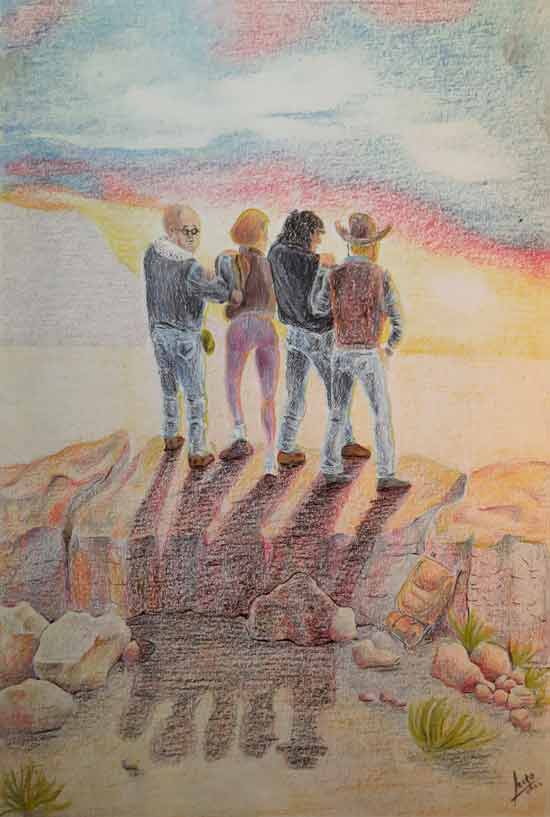 Imagen de 4 figuras de espaldas viendo un ocaso.