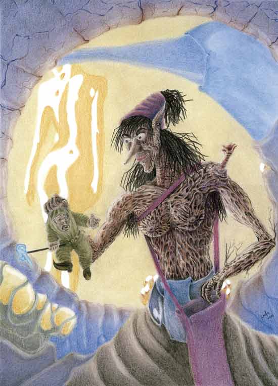 Imagen de una bruja contemplando al duende que atrapó.