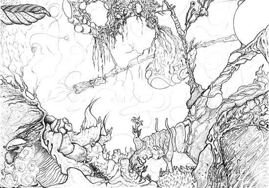 Dibujo a lápiz de elementos en referencia a un paisaje irreal.