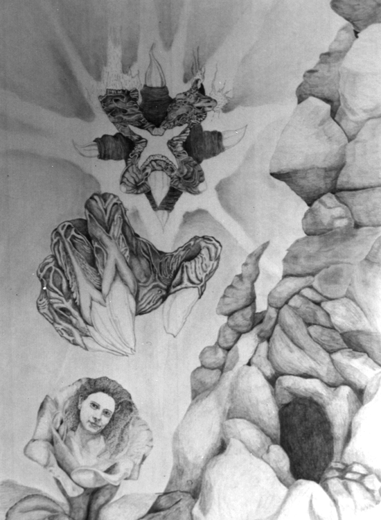 Dibujo a lápiz en escala de grises de un ser queriendo tocar una rosa entre rocas.